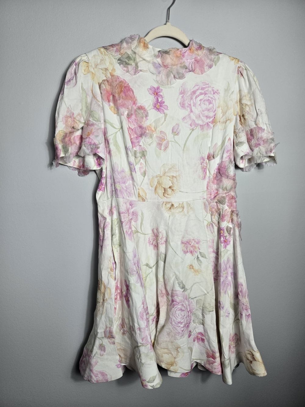 Antonio Melani NWT Linen Watercolor Floral Puff Sleeve Scallop Mini Dress Pink
